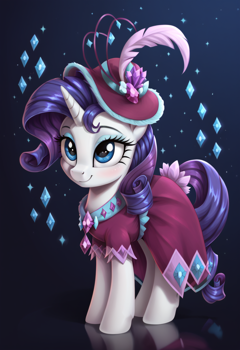 score_9, score_8_up, score_7_up, score_6_up, score_5_up, score_4_up, my little pony, ((feral pony)),   1girl, ((solo)), (sexy),beautifully detailed, (detailed cute pony face), ((detailed blue starry background:1.5)), ((woman)), high angle, (cute smile:1.0), ((up-close))  1girl, ((solo)), (sexy), full body,  <lora:Second_gala:1> rarity a bright outfit, a blue purple dress, jewelry in the form of stones and feathers, decorative hat with feathers and stones,
<lora:OtherStyle_01:1> <lora:Wholesome_MLP-v1.0:1>