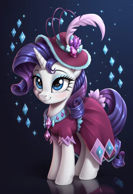 score_9, score_8_up, score_7_up, score_6_up, score_5_up, score_4_up, my little pony, ((feral pony)), 1girl, ((solo)), (sexy),beautifully detailed, (detailed cute pony face), ((detailed blue starry background:1.5)), ((woman)), high angle, (cute smile:1.0), ((up-close)) 1girl, ((solo)), (sexy), full body, <lora:Second_gala:1> rarity a bright outfit, a blue purple dress, jewelry in the form of stones and feathers, decorative hat with feathers and stones,
<lora:OtherStyle_01:1> <lora:Wholesome_MLP-v1.0:1>