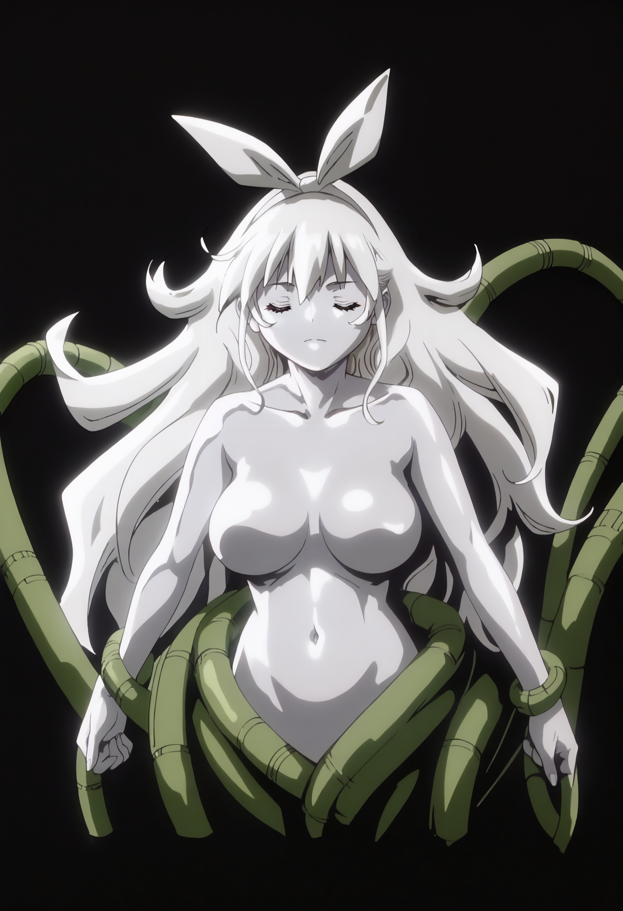 score_9, score_8_up, score_7_up, score_6_up, anime screencap, anime coloring, <lora:DGVirus:0.7>, cable, colored skin, silver skin, silver hair, breasts,
nude, navel, shiny skin, closed eyes, no nipples,
<lora:BnHgDR_RinaXLpony001:1>, Rina,1girl,ribbon,hairband,long hair, large breasts, silver ribbon,
BREAK black background,