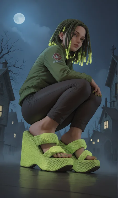 score_9, score_8_up, score_7_up, score_6_up, realistic,
wide angle, standing, low angle, foot focus, from side,
squatting,
(glowing neon footwear:1.1),
(glowing neon hair:1.15),
1girl, leather pants, green short jacket, black and green hair, dreadlocks,
(m3sh heels), platform footwear,
halloween scene, fog, haunted house, night,
green toenail polish,
embedding:zPDXLrl ,
embedding:zPDXL2 ,