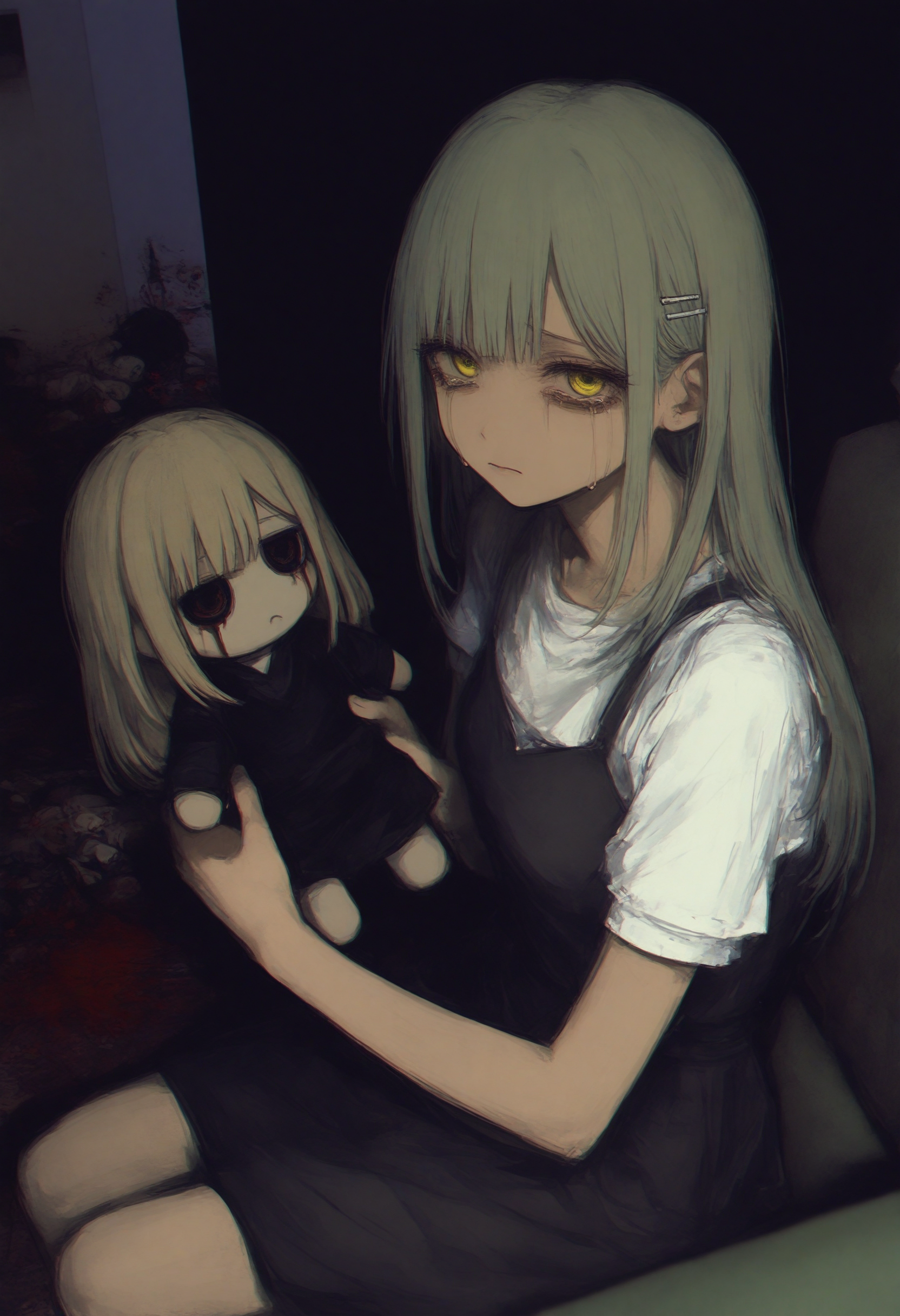 wakaba mutsumi, bang dream!, bang dream! it's mygo!!!!!, 
realistic, photo background, glitch, dark theme, hairpin, ave mujica \(bang dream!\), mortis \(bang dream!\), holding doll, crying, streaming tears, green hair, yellow eyes, sitting, blood, hair ornament, dark background, character doll, shirt, black dress, blood splatter, doll, looking at viewer, closed mouth, short sleeves, couch, white shirt, indoors, long hair, tears, horror \(theme\), frown, empty eyes, crying with eyes open, holding, dress, black blood,
A young girl with long blonde hair and bangs, sitting on a couch in a dimly lit room. she is wearing a black dress and has a sad expression on her face. the background is dark and there are red blood splatters all over the image, creating a spooky and eerie atmosphere. the overall mood of the illustration is somber and melancholic.
masterpiece, best quality, photo-referenced
 <lora:748cm-NoobEPS100-lokr-v03-000080:1>