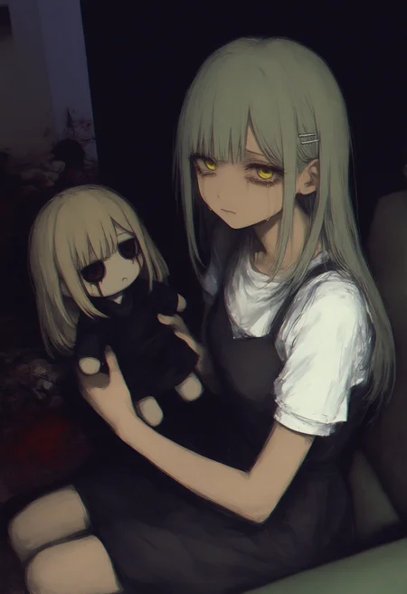 wakaba mutsumi, bang dream!, bang dream! it's mygo!!!!!,
realistic, photo background, glitch, dark theme, hairpin, ave mujica \(bang dream!\), mortis \(bang dream!\), holding doll, crying, streaming tears, green hair, yellow eyes, sitting, blood, hair ornament, dark background, character doll, shirt, black dress, blood splatter, doll, looking at viewer, closed mouth, short sleeves, couch, white shirt, indoors, long hair, tears, horror \(theme\), frown, empty eyes, crying with eyes open, holding, dress, black blood,
A young girl with long blonde hair and bangs, sitting on a couch in a dimly lit room. she is wearing a black dress and has a sad expression on her face. the background is dark and there are red blood splatters all over the image, creating a spooky and eerie atmosphere. the overall mood of the illustration is somber and melancholic.
masterpiece, best quality, photo-referenced
<lora:748cm-NoobEPS100-lokr-v03-000080:1>