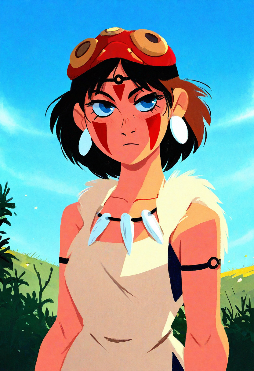 justinecunha, masterpiece, best quality, pastel,  solo, princess mononoke, blue eyes,  tribal clothing, wooded area, blue sky, bust shot