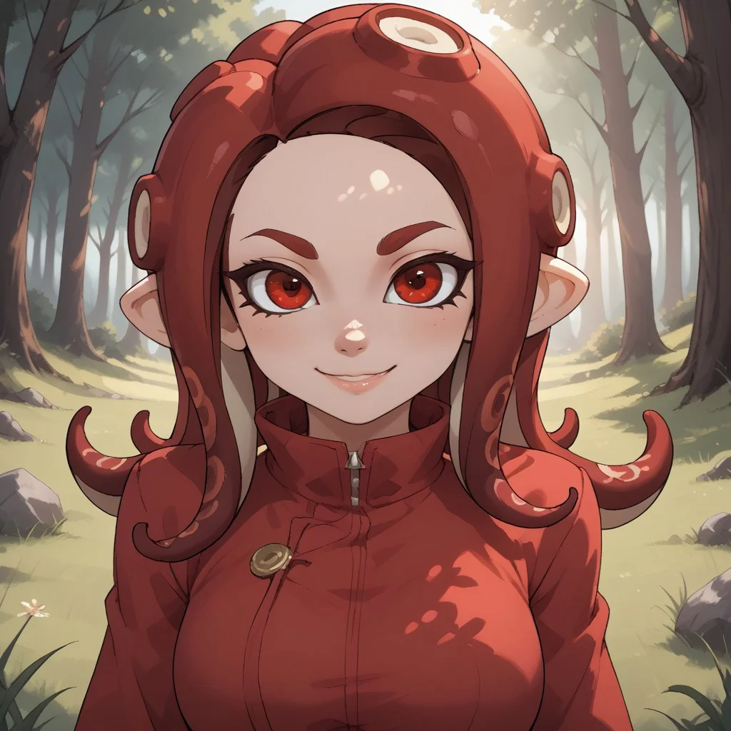 score_9, score_8, BREAK, solo, splatoon, octoling, female octoling, 1girl, tentacle hair, red hair, red eyes, cute, red eyebrows, red clothing, red pants, red shoes, breasts, Hilary_(\OC_Octoling\), sexy pose, self portrait, smile, outdoors, sunlight, shadows, evening lighting, natural lighting, forest, trees, grass, orange sky, sunset