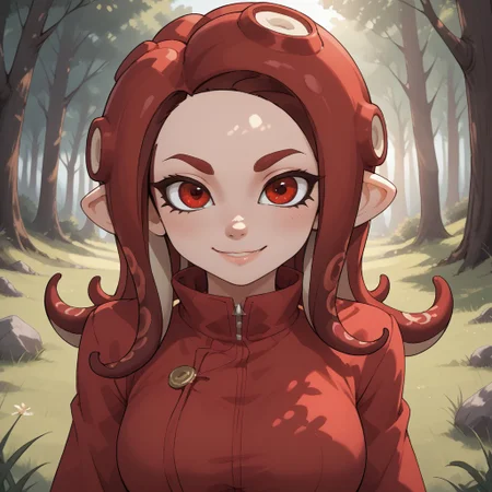 score_9, score_8, BREAK, solo, splatoon, octoling, female octoling, 1girl, tentacle hair, red hair, red eyes, cute, red eyebrows, red clothing, red pants, red shoes, breasts, Hilary_(\OC_Octoling\), sexy pose, self portrait, smile, outdoors, sunlight, shadows, evening lighting, natural lighting, forest, trees, grass, orange sky, sunset