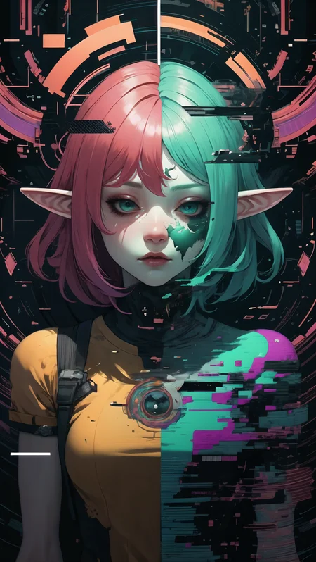 High Quality, Masterpiece, <lora:AnzhcDreamwave v3_1 watermark fix:1>, anzhcdreamwave, aesthetic, 8k unreal engine photorealism, ethereal lighting, purple, nighttime, darkness, surreal art, fantasy, glowing, Combine vibrant splashes of red, blue, yellow, and green, with swirling motions and color leaks to create an explosive and chaotic effect, broken glass, reflection, 1girl, elf, jewelry, upper body, (Glitching, glitch:1.2), <lora:Pos_Glitching:0.9>
