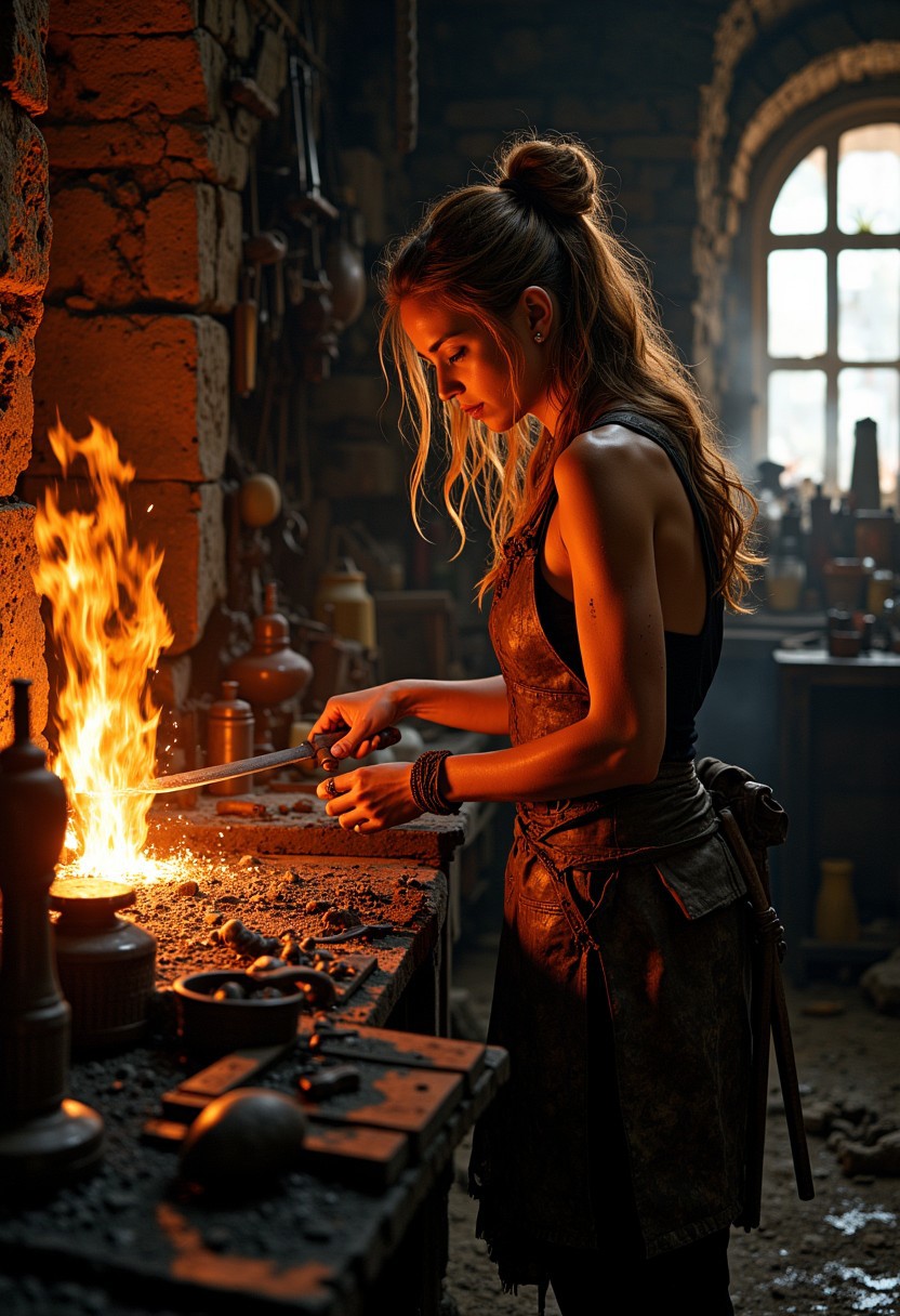 A 16k, ultra-resolution wide shot depicting a beautiful female blacksmith in her rustic, dimly lit hut, circa 600 AD, intensely crafting a sword as tendrils of fire dance in the air, casting a warm, golden glow on the earthen walls and the blacksmith's fit, sun-kissed skin, with sweat glistening on her brow and large beasts, her worn, leather apron stained with soot and flecks of molten metal, as the fiery sparks illuminate the surrounding tools and half-finished projects, amidst the pungent aroma of smoldering coal and hot metal, with the distant, muted sounds of a bustling ancient marketplace carrying through the open windows.