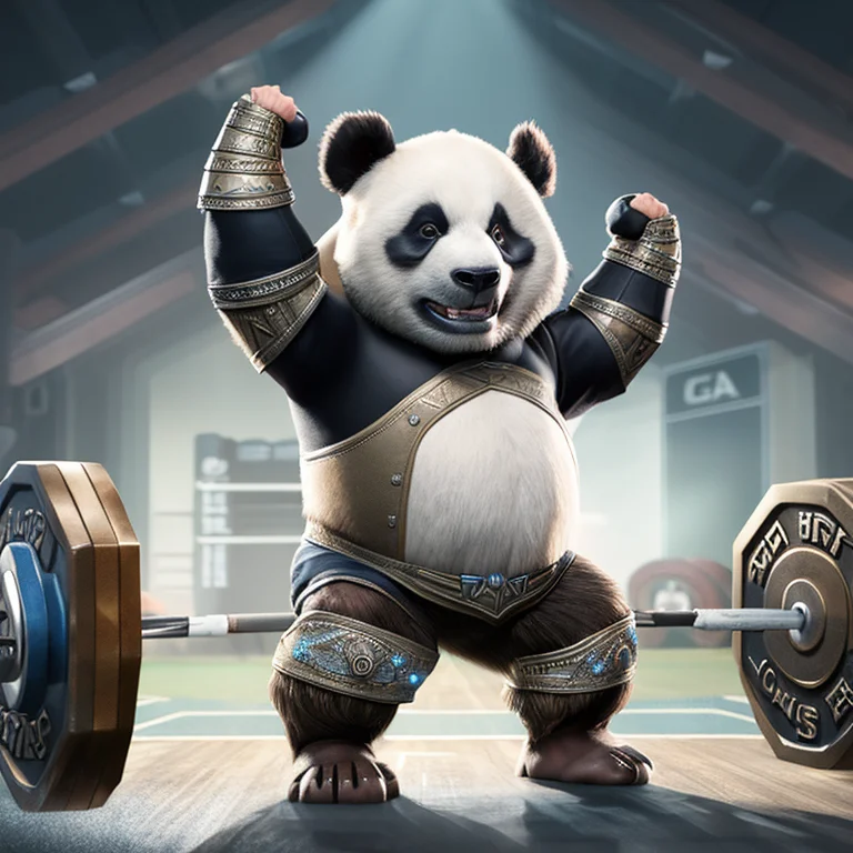 a panda does weightlifting upright wear viking helmet, wearing a sports suit, lifts a weightlifting bar, in sports Hall, a bandana, by anthro, very detailed, intrincated, cinematic light