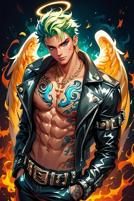 score_9, score_8_up, score_8, medium breasts, (curvy), eyelashes, solo, looking at viewer, short hair, 1boy, navel, jewelry, standing, jacket, male focus, cowboy shot, earrings, green hair, open clothes, wings, belt, pants, necklace, open jacket, black jacket, torn clothes, tattoo, muscular, chain, halo, scar, black pants, abs, cross, fire, pectorals, muscular male, black nails, feathered wings, scar on face, angel wings, hands in pockets, scar across eye, angel, leather, bare pectorals, chest tattoo, blue fire, torn pants, leather jacket, no shirt, chain necklace, leather pants, embedding:zPDXL, Expressiveh, <lora:EnergyCAT:0.8>, <lora:SDXLFaeTastic2400:0.5>, <lora:Expressive_H-000001:0.4>,