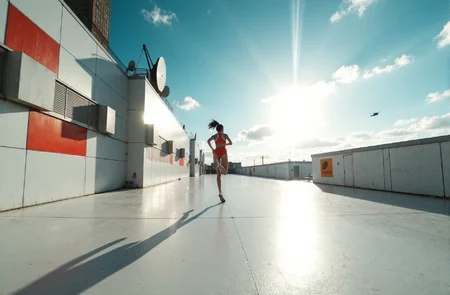 l3n0v0. ultra-wide 14 mm action shot, dynamic freeze-frame of closeup midshot athletic female freerunner sprinting across pristine white skyscraper rooftop, sleek red-and-white runner outfit fluttering, early-2000s digital-camera vibe with slight CCD bloom and tiny sensor noise, Mirror’s Edge x Y2K aesthetic, glossy ventilation units and satellite dishes, bold accent panels in red, low tracking angle with slight Dutch tilt, gentle motion-blur streaks on background, midday summer sun overhead with high-key exposure, hard cool-blue shadows, intense specular highlights on metal, filmic overexposed bloom on whites, diagonal lens flare, faint chromatic aberration edges, clear cerulean sky with wispy cirrus, subtle heat shimmer, distant helicopters silhouetted, high-contrast sterile futuristic cleanliness, saturated safety-orange signage pops, cyan rim light outlining runner, 2000s commercial energy. amateur quality, candid style