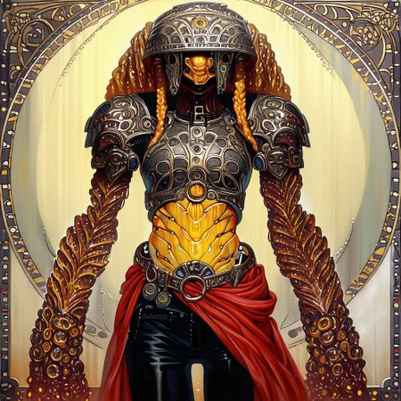 Bionic Woman,1girl, looking at looking at viewer, Heavy braids, yellow eyes || helmet, o-ring top, red sarong, black shorts, shoulder armor, monster girl, 1girl, monster girl, gradient, colored skin, solo, covered eyes,, ultra detailed, masterpiece, best quality, aesthetic, detailed,
ArsMJStyle, Art Nouveau