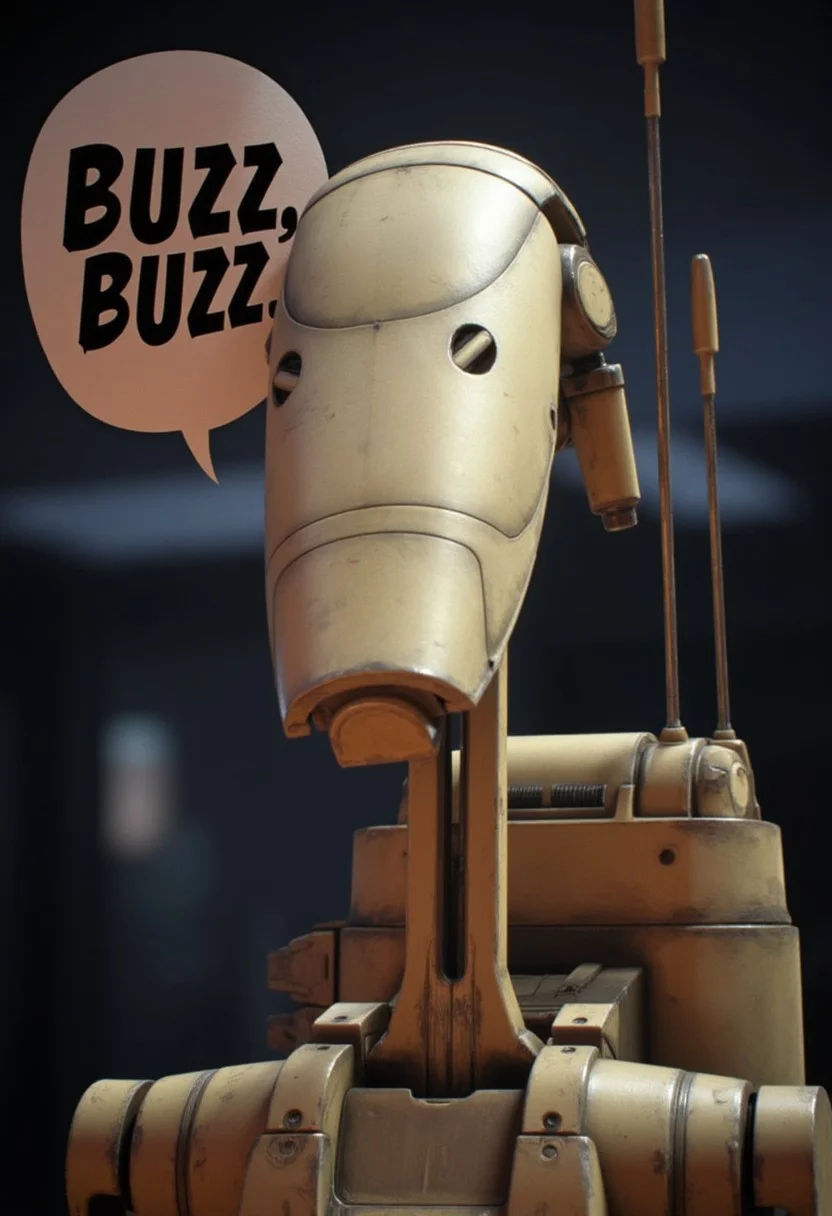 high quality photo of 7-B1 droid looking at viewer, robotic word balloon that reads "Buzz, Buzz", Star Wars background