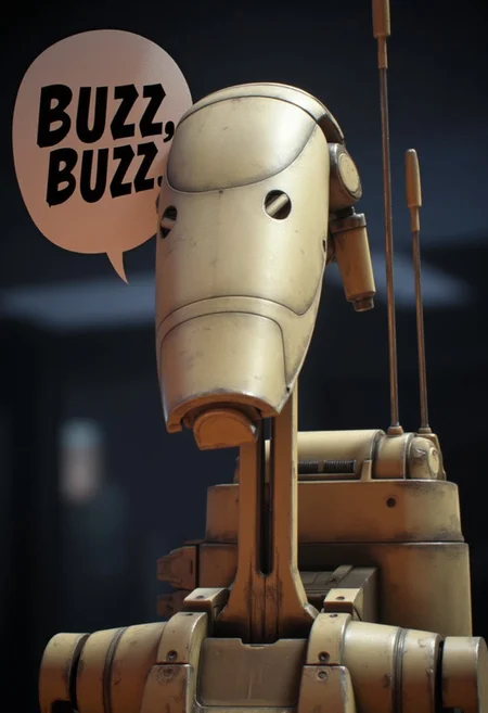 high quality photo of 7-B1 droid looking at viewer, robotic word balloon that reads "Buzz, Buzz", Star Wars background