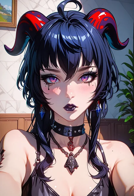 score_9, score_8_up, score_7_up, score_6_up, score_5_up, score_4_up score_9,score_8_up, (anime, masterpiece, intricate:1.3), (best quality, hires textures, high detail:1.2), (4k),(incredibly detailed:1.4), GOthGirlST, Gothic, Goth girl, realistic illustration, partially illuminated, GLSHS, 1girl, ganyu, black hair, long hair, low ponytail, ahoge, horns, earrings, goth makeup, chocker, necklace, sexy goth outfit, embarrassed expression, blushing, cosplay, selfie, camera pov, above view, pale skin, indoors, close up, nsfw, posing, unique angle,