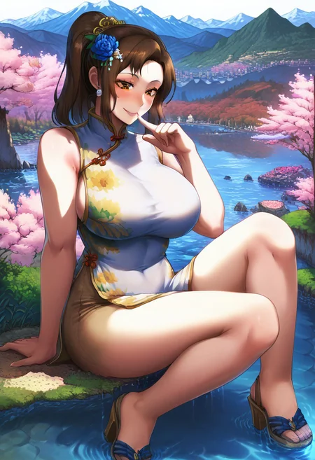 score_9, score_8_up, score_7_up,source_anime, high res image,masterpiece,best quality, 1women, mother_sv, long hair, brown hair, brown eyes, ponytail, cute, ultra detailed eyes, eyelashes, flower, hair flower, hair ornament, hair ornament on hair, ruanyi0604,white dress,china dress,floral print, white high heel sandals, larger than cities, towering over cities, bigger than cities, big breasts, giantess full body shots, giantess, giant, goddess, divine goddess, size difference, seductive smile, seductive confident expression, finger to mouth, blushing, long legs, perfect arms, perfect hands, perfect face, perfect legs, perfect thighs, perfect feet, perfect eyes, extremely beautiful, sexy, scenery, mountain background, city landscape, in a city, surrounded by buildings, houses, tall skyscrapers, dirt road, trees, forests, cherry blossoms, blue sky, mountains, fantasy, landscape, tiny people, <lora:giantess:1>, sitting, forests, lake of water, giga giantess, gts, large body, cliff, giantess sitting on a mountain cliff, water ripples, looking down, giantess at a right angle position,
