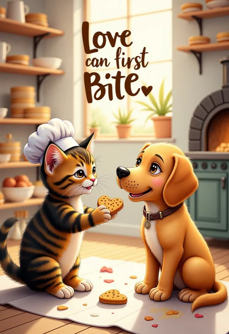 Poster with closeup of a adorable tabby kitten in a tiny baker’s hat offering a heart-shaped cookie to a blushing golden retriever, with a headline reading "Love at First Bite" in bold letters. Cozy bakery setting with warm sunlight, shelves of heart-shaped pastries, and a vintage oven. Vibrant watercolor style, soft pastel tones, whimsical details like flour dust and a trail of paw prints. Faint glow around the cookie for emphasis