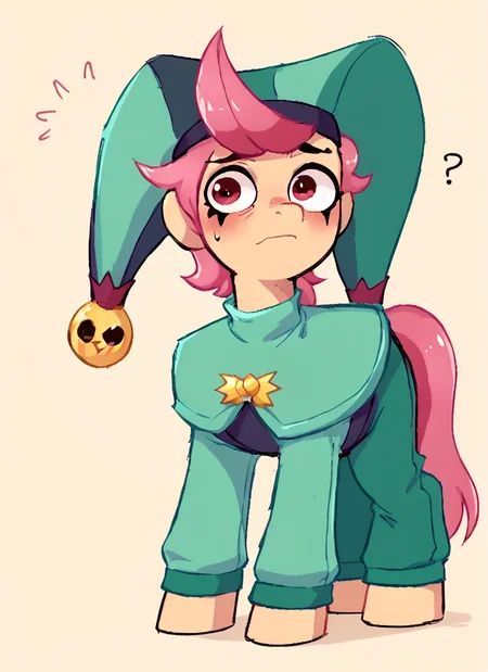 score_9, score_8_up, score_7_up, <lora:bschester:1> 1boy, bschester , pink hair, short hair, red eyes , jester cap, green headwear ,green jumpsuit, capelet, ,solo , blush, confused, ??? ,arms behind back, looking at viewer, closed mouth <lora:SyrupyyyArt:1>syrupyyy (, pony , horse girl, pony girl , all fours,:1.1)