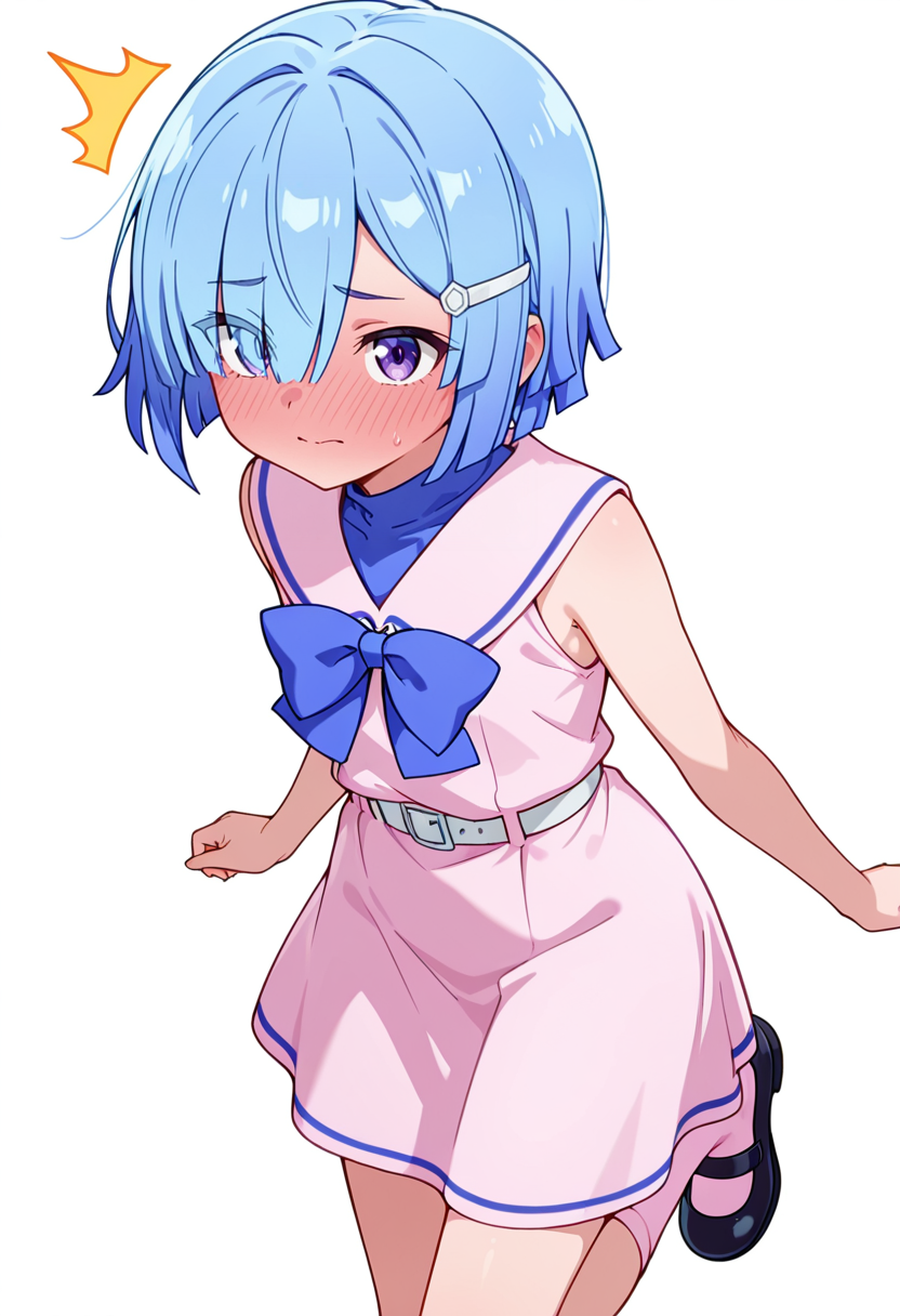 masterpiece,high quality details, absurdres,
 <lora:Imose_Mimika:0.8>
mimika_cnr, 1girl, blue hair, short hair, hair over one eye, purple eyes,eyes visible through hair,hairclip,
mimika_s1, sleeveless, pink dress, sailor collar, white belt, bow,bowtie,pink socks,mary janes,, simple background, white background, front view,solo,, full-face blush,^^^,, slight side bend,dynamic twist,neutral expression,