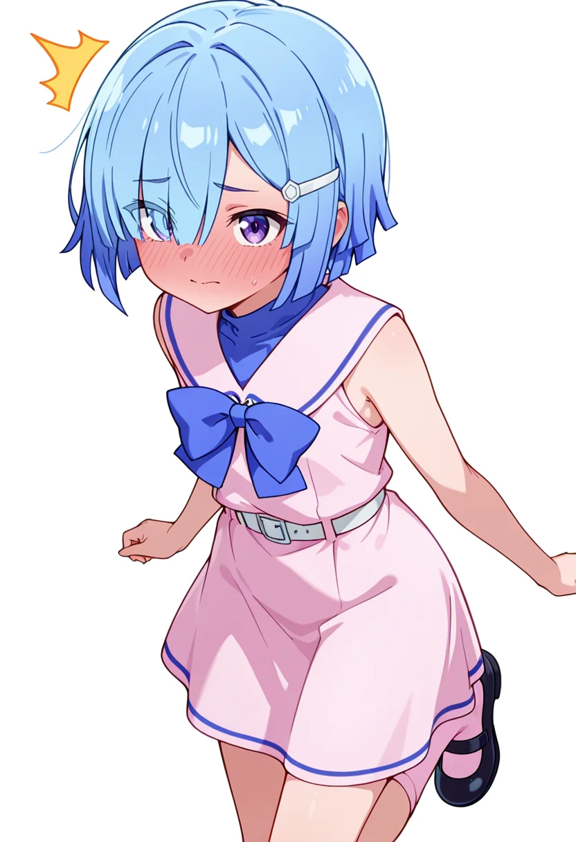 masterpiece,high quality details, absurdres,
<lora:Imose_Mimika:0.8>
mimika_cnr, 1girl, blue hair, short hair, hair over one eye, purple eyes,eyes visible through hair,hairclip,
mimika_s1, sleeveless, pink dress, sailor collar, white belt, bow,bowtie,pink socks,mary janes,, simple background, white background, front view,solo,, full-face blush,^^^,, slight side bend,dynamic twist,neutral expression,