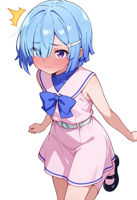 masterpiece,high quality details, absurdres,
<lora:Imose_Mimika:0.8>
mimika_cnr, 1girl, blue hair, short hair, hair over one eye, purple eyes,eyes visible through hair,hairclip,
mimika_s1, sleeveless, pink dress, sailor collar, white belt, bow,bowtie,pink socks,mary janes,, simple background, white background, front view,solo,, full-face blush,^^^,, slight side bend,dynamic twist,neutral expression,