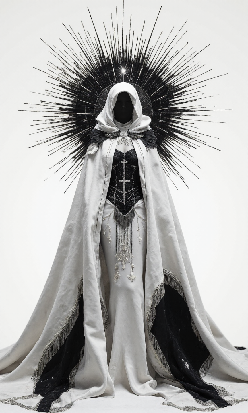 A medium, eye-level shot showcases a digital artwork of a figure adorned in an elaborate, futuristic, white-and-black costume, set against a plain, white background, the overall aesthetic is a blend of high-fashion, gothic, and celestial elements, creating a striking, almost otherworldly appearance. The figure, whose face is completely obscured by a black void beneath a white hood, with its Body pose is standing tall and facing the camera directly, creating an imposing and enigmatic presence, and the pose is static and symmetrical, emphasizing the intricate details of the costume. The image Composition relies on sharp lines, smooth gradients, and a stark contrast between black and white, with subtle hints of silver, creating a sense of futuristic elegance. A large, black, spiked halo-like structure encircles the figure's head, resembling a crown of thorns or a stylized sunburst, with the spikes extending outwards, dominating the upper portion of the image, and a bright spot right on the top of the head. The figure is draped in a flowing, white, satin-like cloak or robe, which covers most of its body, with The cloak features intricate details, such as sheer, layered sleeves with black trim, and delicate, silver embellishments along the edges, and draped elegantly. Beneath the cloak, a black, form-fitting bodice or corset is visible, adorned with sparkling details that resemble a starry night sky, with The bodice features a central, ornate design resembling a stylized cross or celestial symbol, and long, black, fringe-like elements hang from the bottom of the bodice, adding movement and texture. Delicate silver chains and embellishments are draped across the figure's chest and shoulders, adding to the overall celestial and regal aesthetic, all of that is on a Background, is pure white and completely unadorned, The lighting is bright and even, seemingly coming from the front, illuminating the figure uniformly and casting subtle shadows beneath the folds of the cloak and the halo's spikes., <lora:FLUX-daubrez-DB4RZ-v2:0.3> DB4RZ, DB4RZ style painting
<lora:aidmaRealisticSkin:0.8> aidmarealisticskin