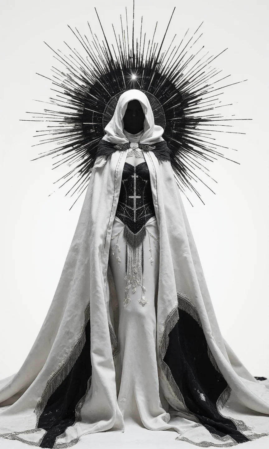 A medium, eye-level shot showcases a digital artwork of a figure adorned in an elaborate, futuristic, white-and-black costume, set against a plain, white background, the overall aesthetic is a blend of high-fashion, gothic, and celestial elements, creating a striking, almost otherworldly appearance. The figure, whose face is completely obscured by a black void beneath a white hood, with its Body pose is standing tall and facing the camera directly, creating an imposing and enigmatic presence, and the pose is static and symmetrical, emphasizing the intricate details of the costume. The image Composition relies on sharp lines, smooth gradients, and a stark contrast between black and white, with subtle hints of silver, creating a sense of futuristic elegance. A large, black, spiked halo-like structure encircles the figure's head, resembling a crown of thorns or a stylized sunburst, with the spikes extending outwards, dominating the upper portion of the image, and a bright spot right on the top of the head. The figure is draped in a flowing, white, satin-like cloak or robe, which covers most of its body, with The cloak features intricate details, such as sheer, layered sleeves with black trim, and delicate, silver embellishments along the edges, and draped elegantly. Beneath the cloak, a black, form-fitting bodice or corset is visible, adorned with sparkling details that resemble a starry night sky, with The bodice features a central, ornate design resembling a stylized cross or celestial symbol, and long, black, fringe-like elements hang from the bottom of the bodice, adding movement and texture. Delicate silver chains and embellishments are draped across the figure's chest and shoulders, adding to the overall celestial and regal aesthetic, all of that is on a Background, is pure white and completely unadorned, The lighting is bright and even, seemingly coming from the front, illuminating the figure uniformly and casting subtle shadows beneath the folds of the cloak and the halo's spikes., <lora:FLUX-daubrez-DB4RZ-v2:0.3> DB4RZ, DB4RZ style painting
<lora:aidmaRealisticSkin:0.8> aidmarealisticskin