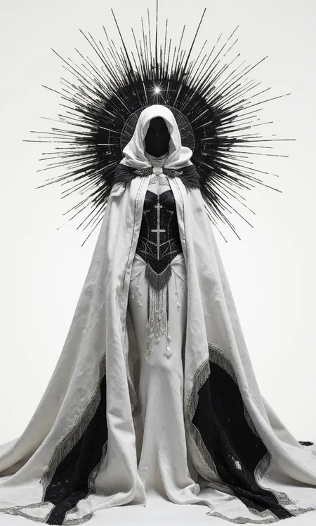 A medium, eye-level shot showcases a digital artwork of a figure adorned in an elaborate, futuristic, white-and-black costume, set against a plain, white background, the overall aesthetic is a blend of high-fashion, gothic, and celestial elements, creating a striking, almost otherworldly appearance. The figure, whose face is completely obscured by a black void beneath a white hood, with its Body pose is standing tall and facing the camera directly, creating an imposing and enigmatic presence, and the pose is static and symmetrical, emphasizing the intricate details of the costume. The image Composition relies on sharp lines, smooth gradients, and a stark contrast between black and white, with subtle hints of silver, creating a sense of futuristic elegance. A large, black, spiked halo-like structure encircles the figure's head, resembling a crown of thorns or a stylized sunburst, with the spikes extending outwards, dominating the upper portion of the image, and a bright spot right on the top of the head. The figure is draped in a flowing, white, satin-like cloak or robe, which covers most of its body, with The cloak features intricate details, such as sheer, layered sleeves with black trim, and delicate, silver embellishments along the edges, and draped elegantly. Beneath the cloak, a black, form-fitting bodice or corset is visible, adorned with sparkling details that resemble a starry night sky, with The bodice features a central, ornate design resembling a stylized cross or celestial symbol, and long, black, fringe-like elements hang from the bottom of the bodice, adding movement and texture. Delicate silver chains and embellishments are draped across the figure's chest and shoulders, adding to the overall celestial and regal aesthetic, all of that is on a Background, is pure white and completely unadorned, The lighting is bright and even, seemingly coming from the front, illuminating the figure uniformly and casting subtle shadows beneath the folds of the cloak and the halo's spikes., <lora:FLUX-daubrez-DB4RZ-v2:0.3> DB4RZ, DB4RZ style painting
<lora:aidmaRealisticSkin:0.8> aidmarealisticskin