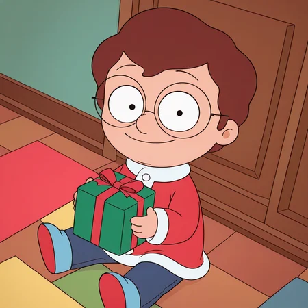 toon \(style\), (masterpiece, colorful, detailed background, absurdres, amazing quality), <lora:mrfrond-v5:0.75> bb-mfbb, 1boy, baby, toddler, toddlercon, indoors, solo, santa costume, sitting, from above, dynamic angle, smile, indoors, happy, glasses, coat, pants, on floor, holding gift box, looking at viewer, hands up,