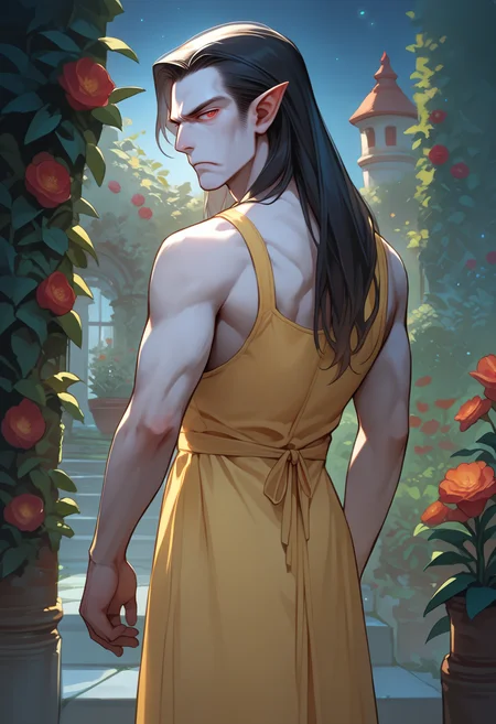 score_9, score_8_up, score_7_up, source_anime, solo, 1boy, strahd, colored skin, pale skin, pointy ears, long hair, red eyes, from behind, yellow sundress, garden, frown, looking back, night, dark, <lora:clamStrahdPDXL_v20:1>