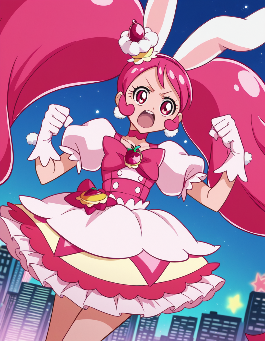 score_9, score_8_up, score_7_up, source_anime,
<lora:ichika-usami-anime-ponyxl-lora-nochekaiser:1>, ichika usami, hair ornament, twintails,
gloves, dress, bow, animal ears, jewelry, pink hair, earrings, choker, puffy sleeves, white gloves, rabbit ears, magical girl, pink bow, pom pom \(clothes\), food-themed hair ornament, pink choker,
cityscape, open mouth, fighting stance,
looking at viewer, cowboy shot, dutch angle, solo,