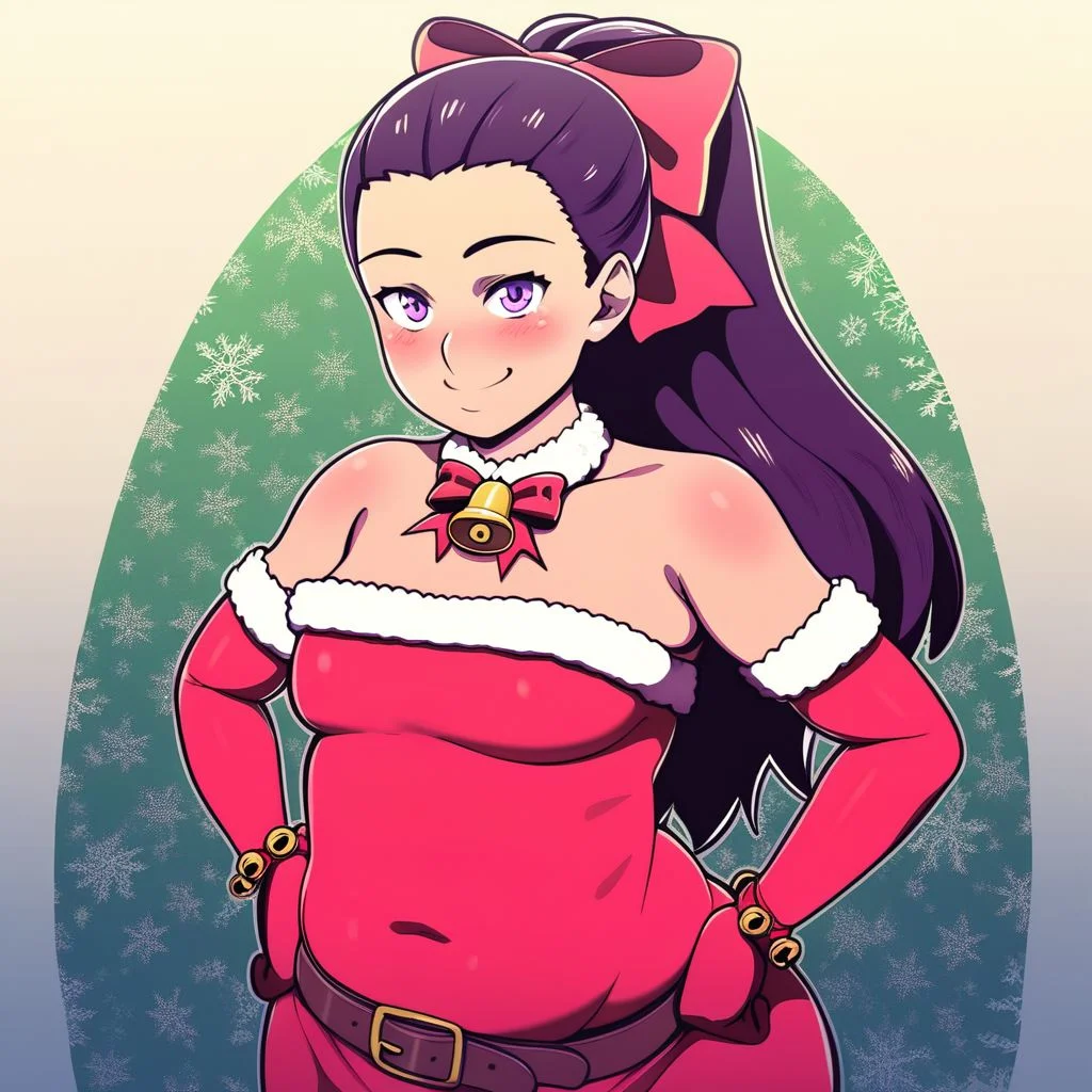 score_9, score_8_up, score_7_up, score_6_up, score_5_up, score_4_up, source_cartoon, D-art Style, @18dart3, d-art, masterpiece, best quality, 1girl, solo, long_hair, looking_at_viewer, wide hips, ((upper body)), chubby, blush, smile, detailed face+blue_eyes, indoor, black_hair, gloves, dress, ribbon, bare_shoulders, very_long_hair, purple_eyes, hair_ribbon, ponytail, elbow_gloves, belt, bracelet, hand_on_hip, bell, christmas, red_gloves, santa_costume. <lora:D-ART_XL:1>
