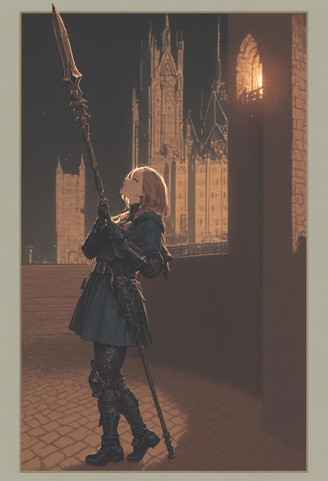 vermis, gothic, female knight, 1girl, solo, from side, brown hair, braids, yellow eyes, blue brigandine, belt, leather gloves, padded leggings, boots, polearm, scabbard BREAK
medieval courtyard background, dynamic color, relaxed pose, framed, dynamic color, dynamic background, warm tone, dynamic composition, expert shading
BREAK
masterpiece, best quality, very aesthetic, absurdres, amazing quality, newest, very awa, highly detailed, fine detail, intricate detail, dynamic lighting, volumetric lighting, ambient light, soft light, dimly lit,
outdoors, standing, tower, gothic cathedral, rooftop, spire, cityscape, backlight, high contrast, cinematic, scenery, perspective, perfect lighting, Expressiveh,