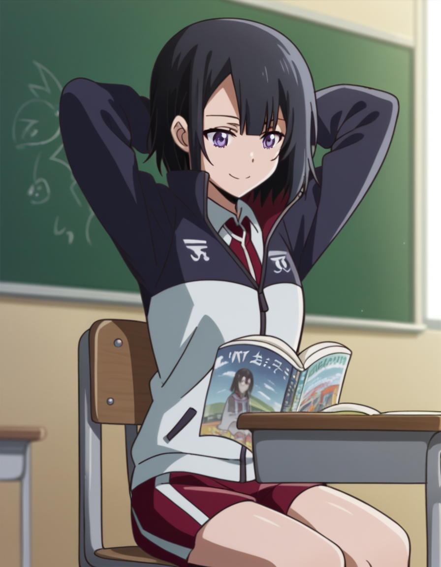score_9, score_8_up, score_7_up, source_anime, <lora:yuika-shiwahime-s1-ponyxl-lora-nochekaiser:1>, yuika shiwahime, short hair, black hair, purple eyes,, shirt, jacket, necktie, shorts, sleeves past wrists, track jacket,, classroom, chalkboard, day time, studying, sitting, chair, desk,, smile, , hands behind head,, solo,, dutch angle, cowboy shot