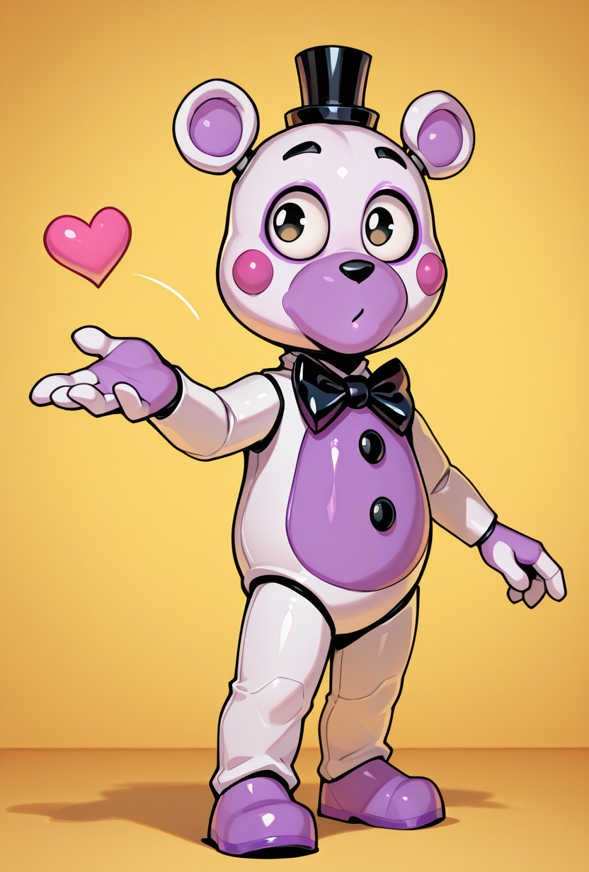 <lora:helpi-10:1> helpi, solo, top hat, bowtie, animal ears, mini hat, furry, .  teddy, animatronic, robot, toy ,  <lora:FrierenBlowingKissMeme_illusXLNoobAI_Incrs_v1:1> blowing kiss, heart, puckered lips, o3o, masterpiece, best quality, amazing quality, very aesthetic, absurdres, newest,