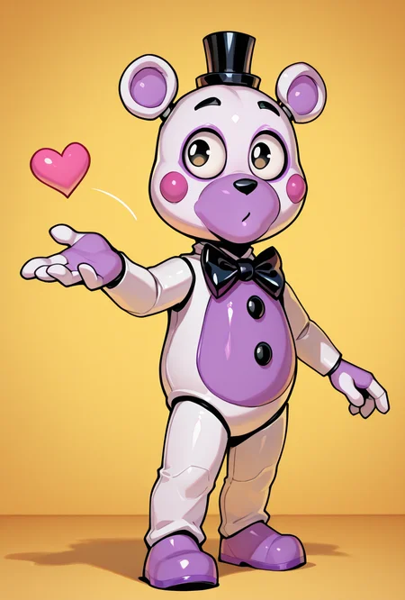 <lora:helpi-10:1> helpi, solo, top hat, bowtie, animal ears, mini hat, furry, . teddy, animatronic, robot, toy , <lora:FrierenBlowingKissMeme_illusXLNoobAI_Incrs_v1:1> blowing kiss, heart, puckered lips, o3o, masterpiece, best quality, amazing quality, very aesthetic, absurdres, newest,