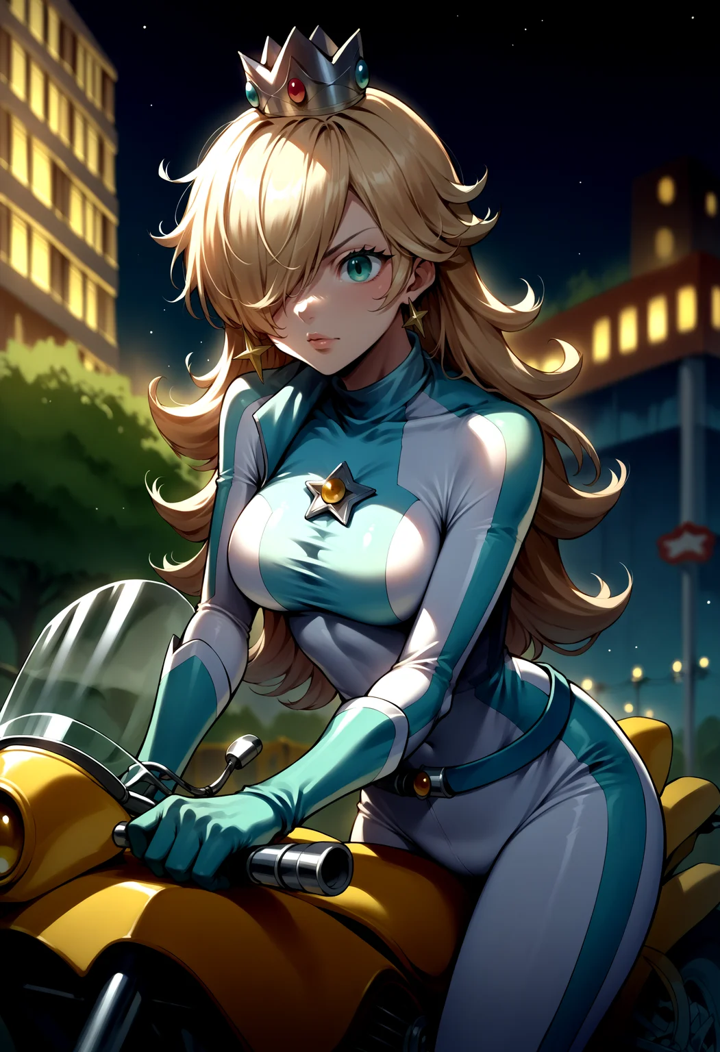 score_9, score_8_up, score_7_up, source_anime, 1girl, RslnBiker, hair over one eye, biker clothes, bikesuit, crown, bodysuit, gloves, <lora:Rosalina_XLPD:1>, cowboy shot, motorcycle, motor vehicle, ground vehicle, on vehicle,