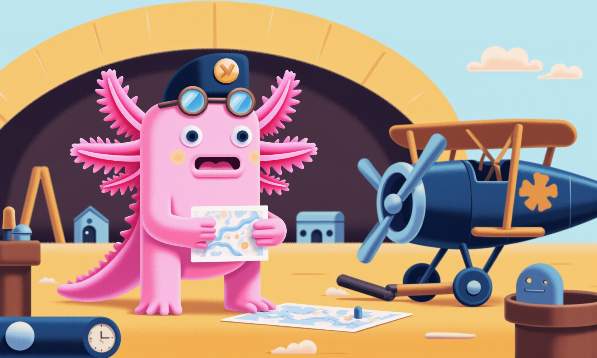 wh1m5y_style flat illustration, axolotl, close-up of a pink axolotl in a tiny aviator cap and goggles, standing on a miniature runway beside a tiny biplane with outstretched wings; its frilly gills flutter with excitement as it checks a tiny map, its round black eyes filled with anticipation; soft morning sunlight highlights the details on the aviator cap and the polished plane, while the tilt-shift effect blurs the background of a small hangar, other tiny aircraft, and scattered tools, creating an adventurous and nostalgic aviation scene<lora:Axomodel_Flux_V2.safetensors:1.0:1.0> <lora:wh1m5y_style flat illustration__FLUX.safetensors:1:1>