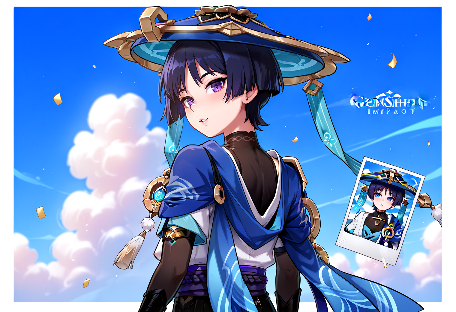 IllustriousQual <lora:StS-Illustrious-Detail-Slider-v1.0:2> <lora:cfg_scale_boost:0.3>,detailed_background,outdoors,blunt ends,eyeliner,cloudy sky,closed mouth,sky,hat,cape,red eyeliner,blue cape,scaramouche \(genshin impact\),black bodysuit,turtleneck bodysuit,black bridal gauntlets,genshin impact,confetti,looking at viewer,photo \(object\),gold,makeup,from behind,blue sky,solo,happy birthday,white sleeves,kimono,expressionless,white trim,copyright name,short sleeves,looking back,red eyeshadow,bodysuit,cover,jingasa,male focus,turtleneck,cloud,purple eyes,tilted headwear,blue hat,non0aaaa,bridal gauntlets,highres,eyeshadow,white kimono,japanese clothes,head tilt,1boy,wanderer \(genshin impact\),black hair