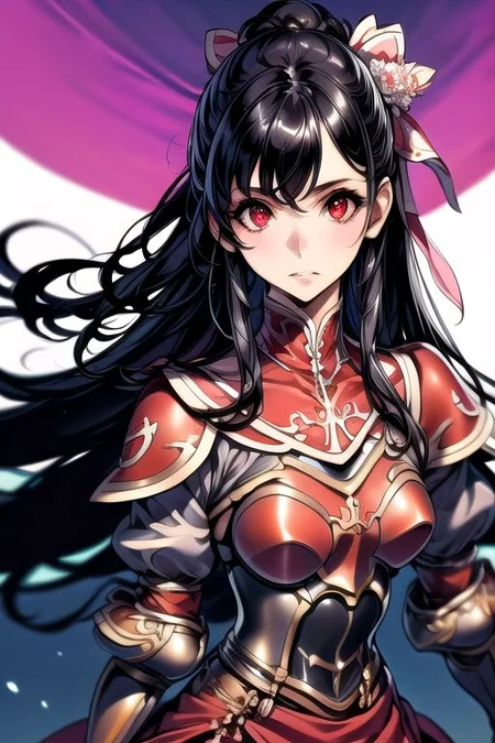 TheresiaHortensia, 1girl, solo, long hair, black hair, hair ornament, red eyes, ponytail, pantyhose, red armor, gauntlets, armored dress, Upper body, masterpiece, best quality,
hair ribbon, (best quality) , (highly detailed) ,masterpiece ,absurdres ,detailed face ,beautiful face ,(detailed eyes, deep eyes, anime eyes), (masterpiece, best quality, very aesthetic, ultra detailed), intricate details, 4k, very aesthetic, source_anime, detailed, high quality, beautiful, masterpiece, detailed eyes,