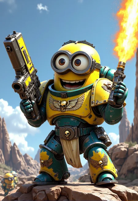 space marine. A Minion with oversized goggles dressed in battle-worn Space Marine armor, chipped but proudly showing Minion insignia and banana-themed purity seals. The Minion is without a helmet (no helmet:2.0), showcasing their iconic Minion goggles, expressive eyes, and wide smile. The Minion is wielding an oversized banana flamer, ejecting bright yellow flames. The Minion is depicted in a scene such as: posing heroically on a ridge, a bolt pistol raised in one hand, while other Minions cheer behind them, one accidentally dropping their ammo belt. The Minion's expression is trying to look intimidating, yet charmingly cute. The scene should be depicted in a colorful but gritty Warhammer 40k style, with bright yellows and blues to emphasize the Minionsâ classic color scheme. The armor and weapons are detailed with ornate designs, but humor is maintained through Minion-themed accessories and comical touches. Witty details include: a Minion trying to carry a heavy rock with their power fist, visibly straining but refusing to give up. Background elements should resemble classic Warhammer 40k settings but with a humorous Minion twist, such as: a fortress of the Imperium subtly decorated with banana insignia and bright colors. , <lora:sm2.safetensors:1.0:1.0>