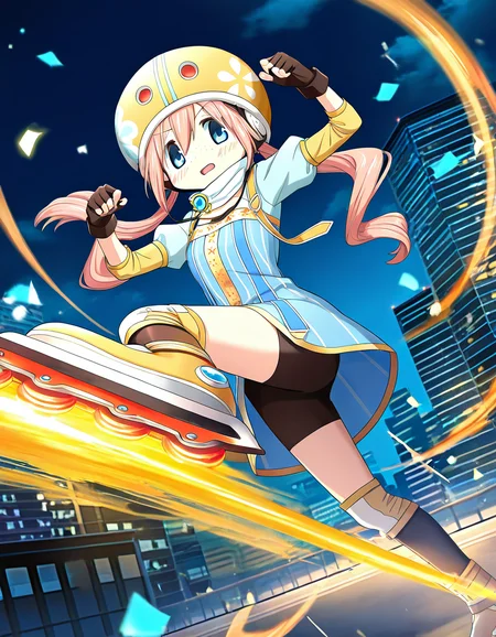 masterpiece, best quality, newest, absurdres, highres, safe, 1girl, yukari miyuri, magia record: mahou shoujo madoka magica gaiden, inline skates, kicking, open mouth, solo, city, night, dutch angle, <lora:yukari_miyuri_noobaiXLNAIXL_vPred10Version:0.7>