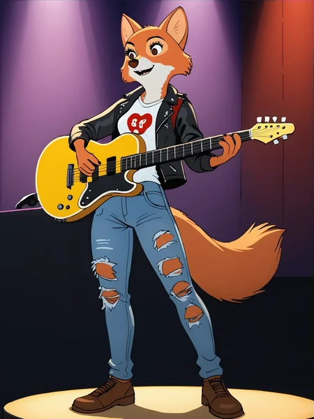 on model, MarianC, female, orange fur, brown eyes, brown nose, tail,
BREAK, ripped_jeans, fishnet_stockings, band_t-shirt, leather_jacket, spiky_hair, safety_pins, guitar, concert_background,
<lora:Marian6:0.8>,