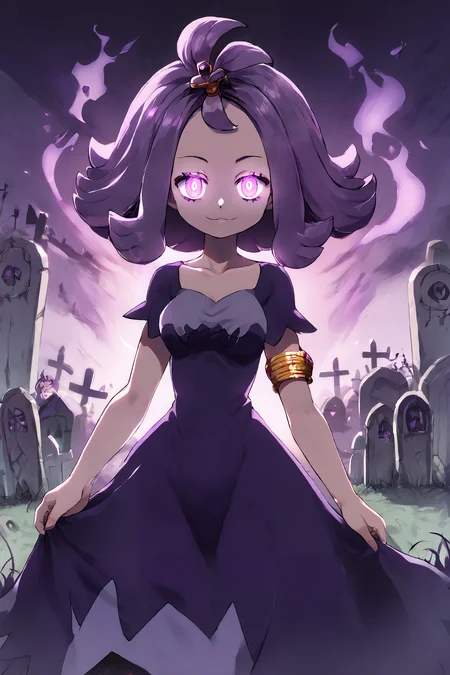high resolution, highly detailed, perfect lighting, beautiful detailed eyes, ((masterpiece,best quality)), absurdres, solo, <lora:Acerola_Pokemon_P1:0.8>, glowing eyes, acerola (pokemon), purple hair, purple hair, topknot, flipped hair, collarbone, purple dress, stitches, multicolored dress, armlet, smile, looking at viewer, cowboy shot, medium breasts, curvy, narrow waist, graveyard, floating fires, <lora:LunarCAT_Style:0.8>, <lora:KuroCAT_Style:0.3>,