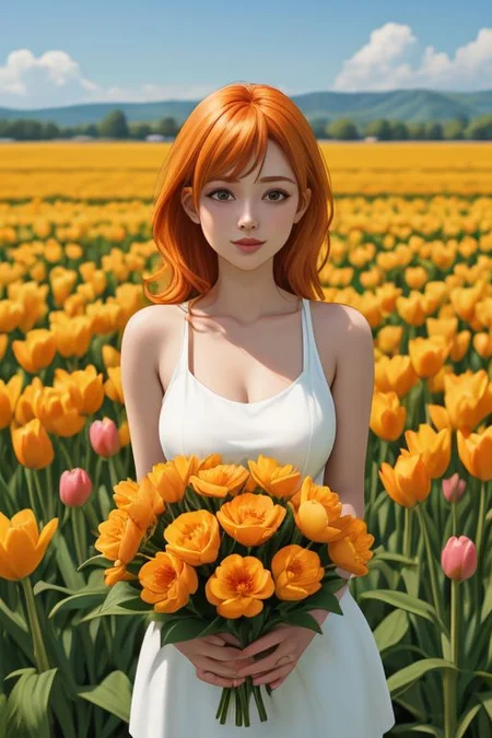 orange hair girl with a big bouquet of tulips, happy, sunny day, field of flowers