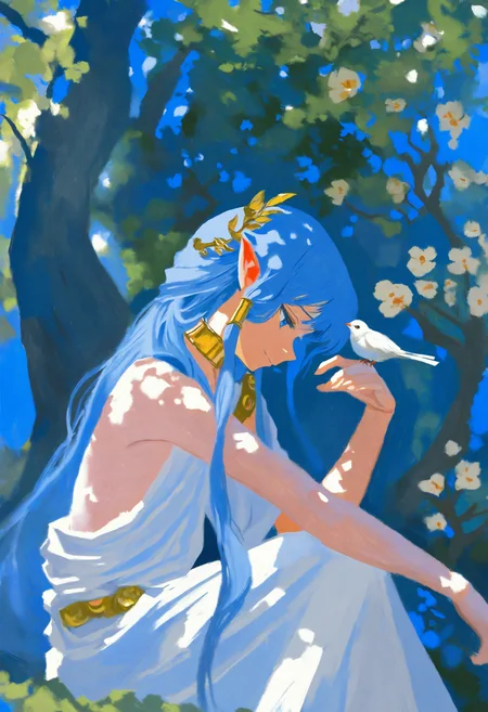 painterly, artist:[renoir|edgar degas,yoneyama mai|cursedweeboo|daodtt|diao \(nrays\)|ravine bells],
1girl, solo, pointy ears, hair tubes, toga, greco-roman clothes, ancient greek clothes, gold choker, single bare shoulder, sad smile, blue eyes, sitting, bare shoulders, blue hair, flower, long hair, from side, jewelry, sleeveless, hair ornament, bird on hand, bright, backlighting, dappled light, tree shade, colorful, blue theme, 
newest, impasto, brushstroke, impressionism, oil painting \(medium\), newest, absurdres, masterpiece, very aesthetic