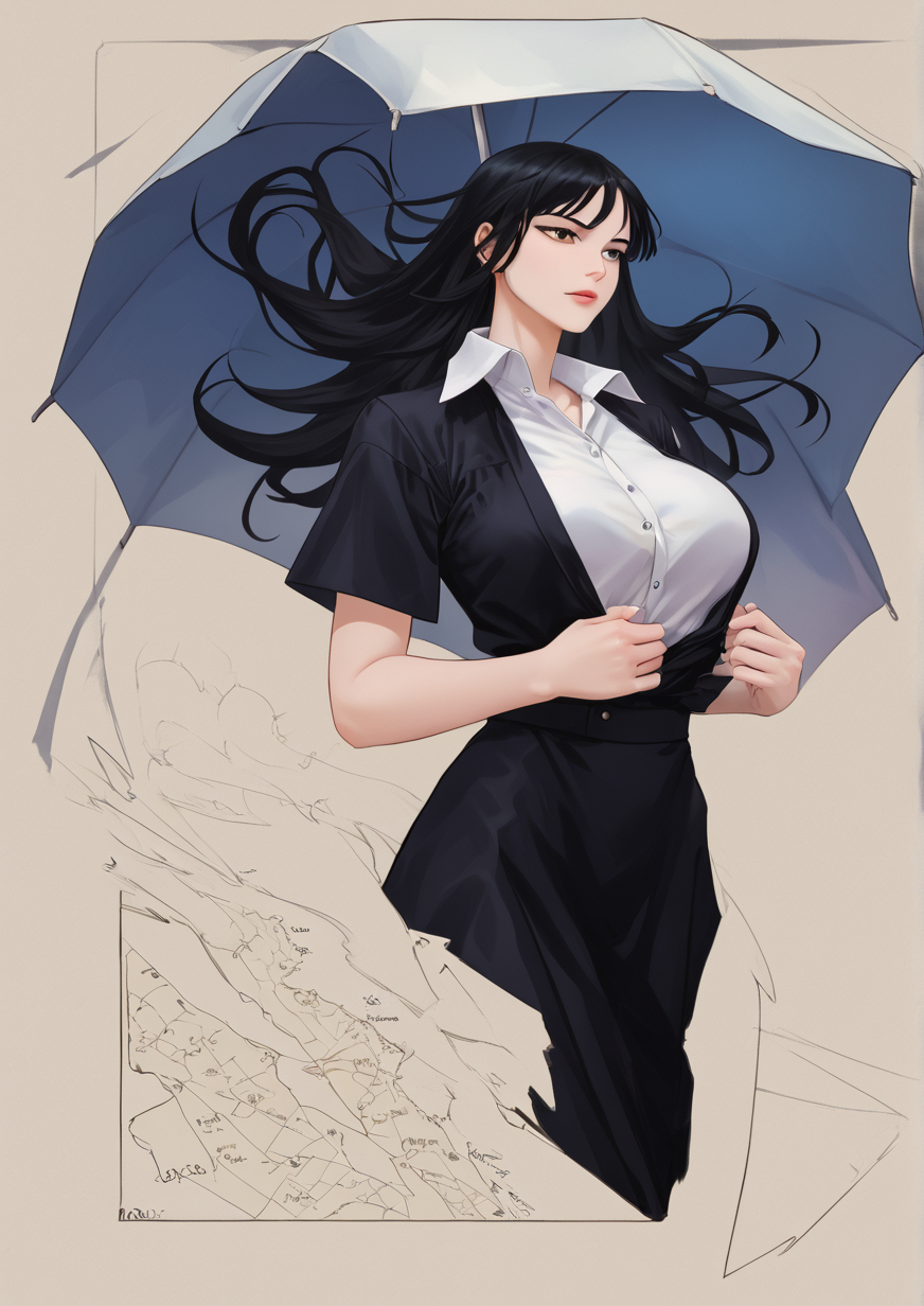 1girl, huge breast, black hair, black shirt, collared shirt, feet out of frame, floating hair, limited palette, long hair, map, shirt, short sleeves, solo, umbrella, white shirt, wind,,zPDXL3, <lora:CalaCala_Spiral:1>