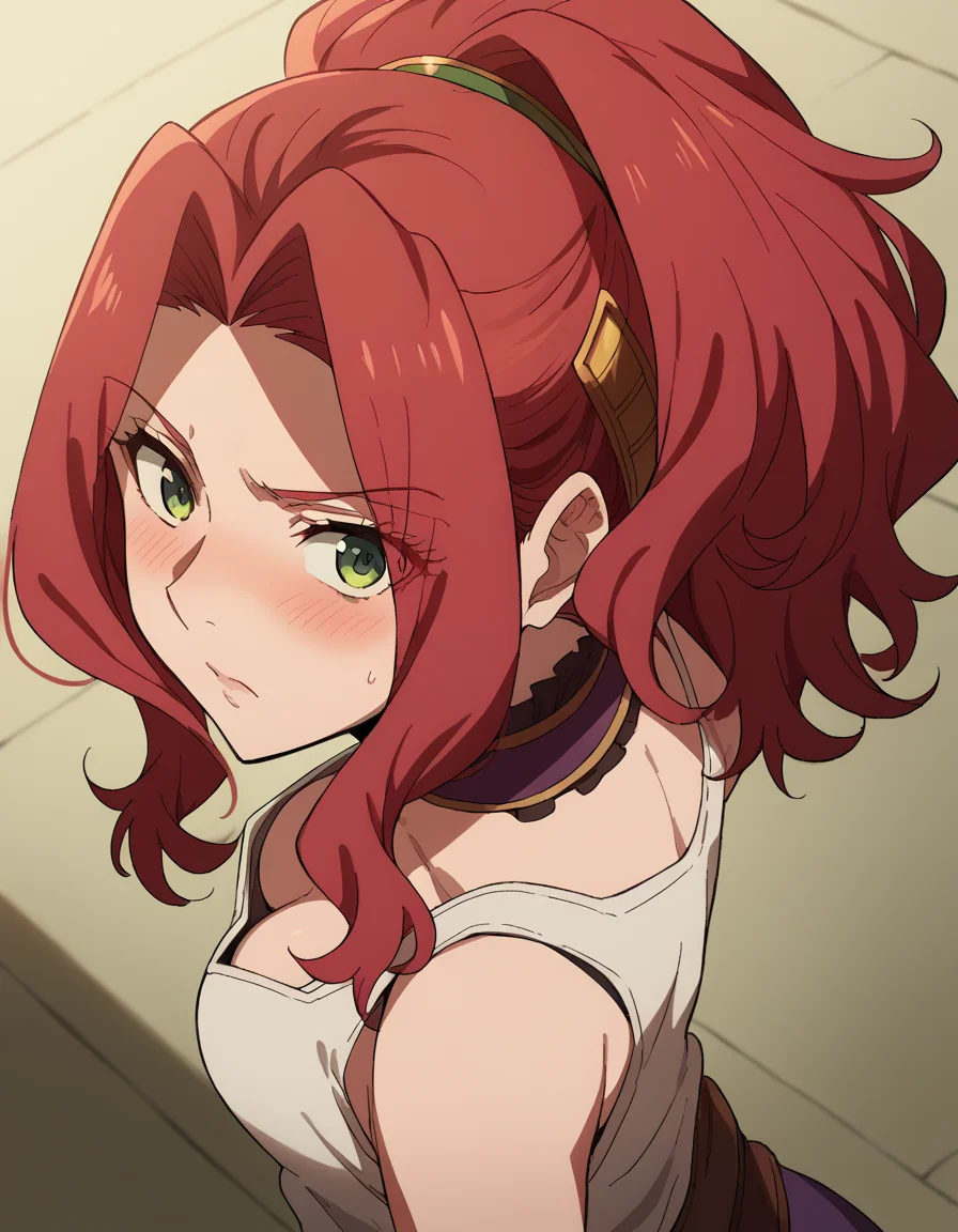 score_9, score_8_up, score_7_up, source_anime, <lora:malty-melromarc-s1s2s3-ponyxl-lora-nochekaiser:1>, malty melromarc, long hair, green eyes, red hair, parted bangs, ponytail, medium breasts,, <lora:downblouse-from-behind-ponyxl-lora-nochekaiser:1>, downblouse from behind, downblouse, from behind,, blush, tank top, white tank top, cleavage, from above, nape, head down, looking at viewer, looking back, looking up, sideways glance,,