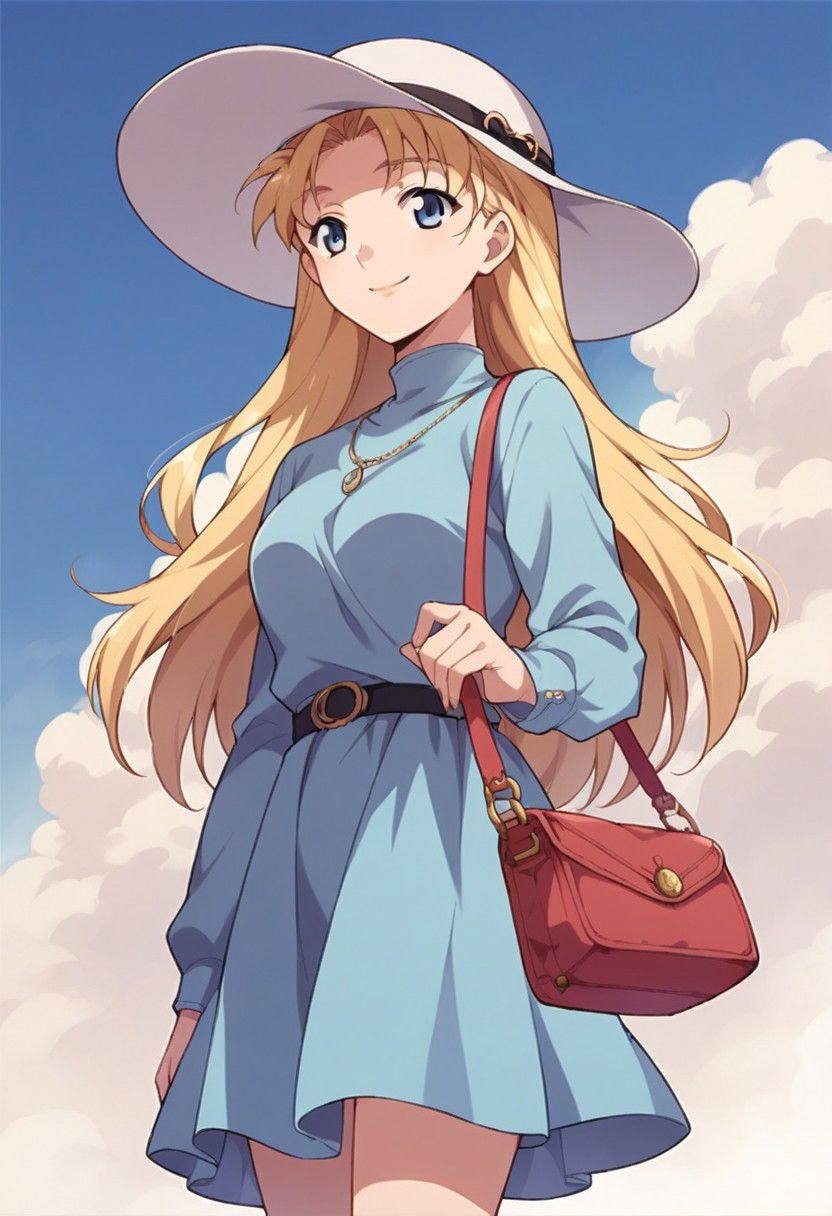 score_9, score_8_up, score_7_up, source_anime,miu furinji, blue eyes, blonde hair, long hair, 1girl, hat, bag, dress, solo focus, smile, day, handbag, cloud