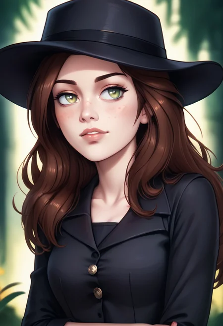 score_9, score_8_up, score_7_up, score_6_up, PRSNL_3_1, uncensored, pupils black dots, lips,
upper body, best quality, masterpiece, 4k, realistic, warm light,
LeafPony, leaf (pokemon), long hair, brown hair, brown eyes,
black headwear, hat flower, black gloves, black dress, buttons, black pantyhose, black footwear, high heels, sparkle,