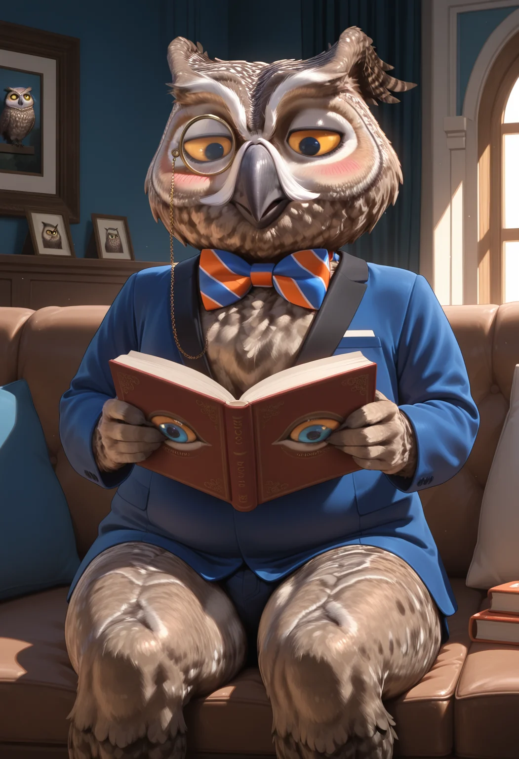 masterpiece, best quality, amazing quality, newest, high quality BREAK NigelOWL, solo, 1boy, owl, beak, bird, furry, animal focus, monocle, short, feathers, living room, indoors, blushing, chubby, moobs, colorful bowtie, half-lidded eyes, huge hips, thick thighs, reading book, holding book, sitting, blue jacket <lora:Nigel_the_Owl_Xyzal_Mascot:.8>    <lora:NOOB_vp1_detailer_by_volnovik_v1:1>